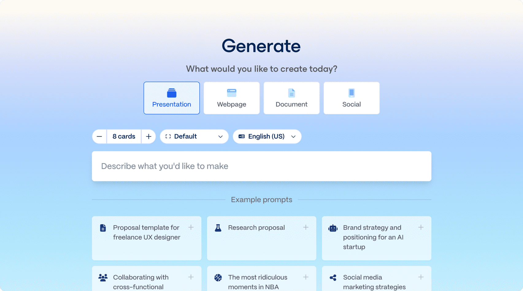 Gamma — what would you like to create prompt screen